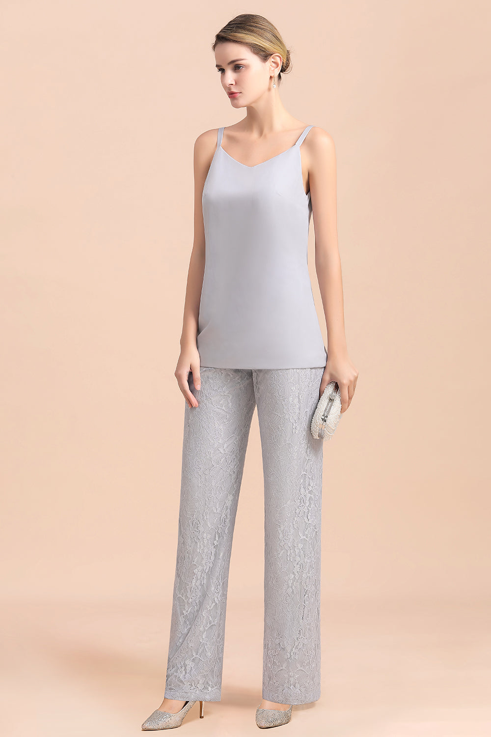 V-Neck Straps Appliques Silver Lace Wraps Mother of Bride Jumpsuit