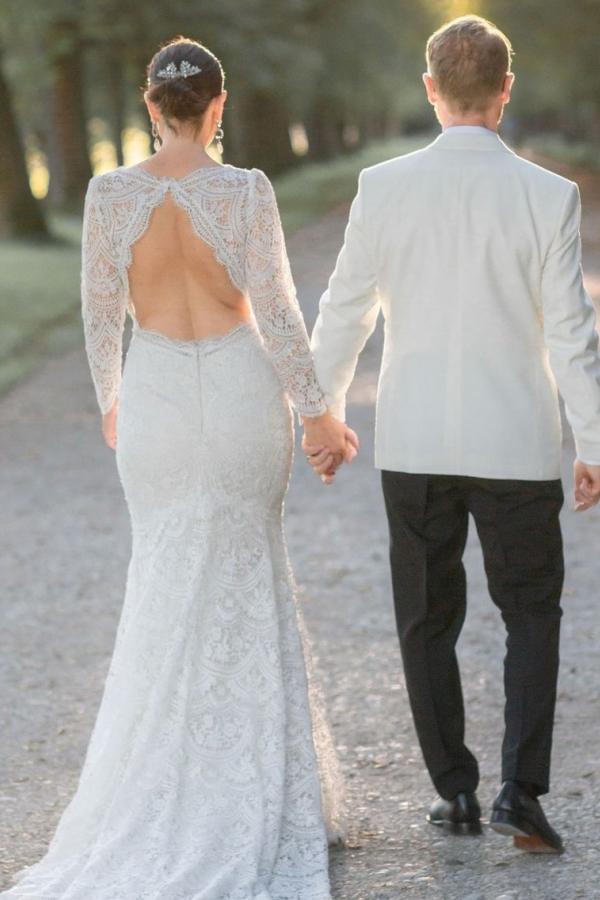 Long Sleeve Lace V-Neck Mermaid Wedding Dress with Open Back