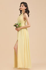 Long A-line Halter Pleated Chiffon Daffodil Bridesmaid Dress with Slit