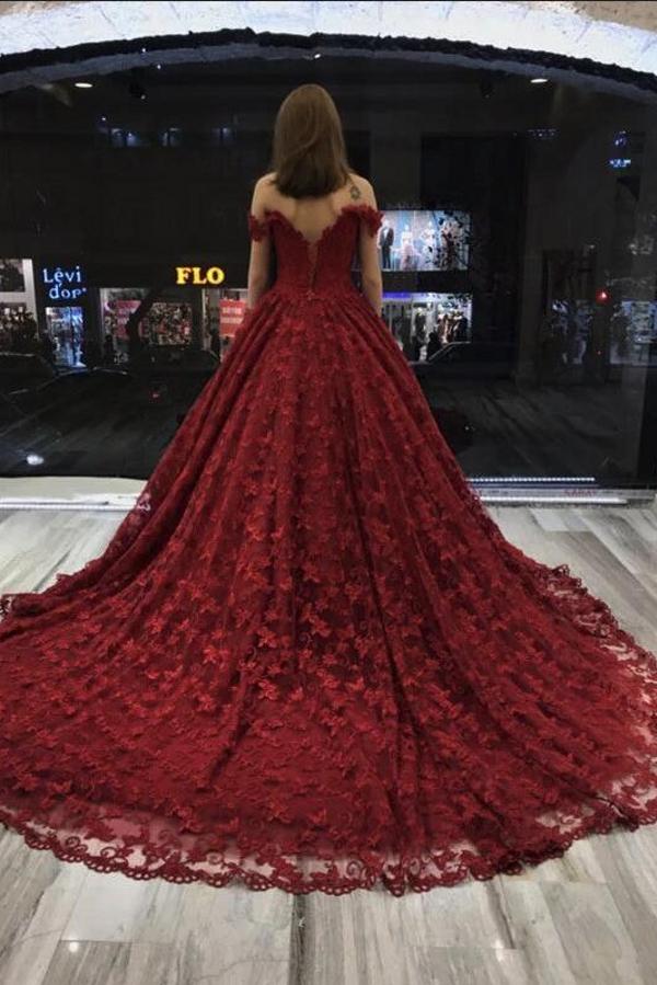 Burgundy Long A-line Off the Shoulder Lace Wedding Dresses