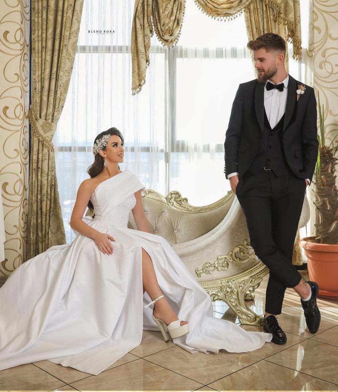 Elegant Long A-line One Shoulder Satin Wedding Dress with Slit