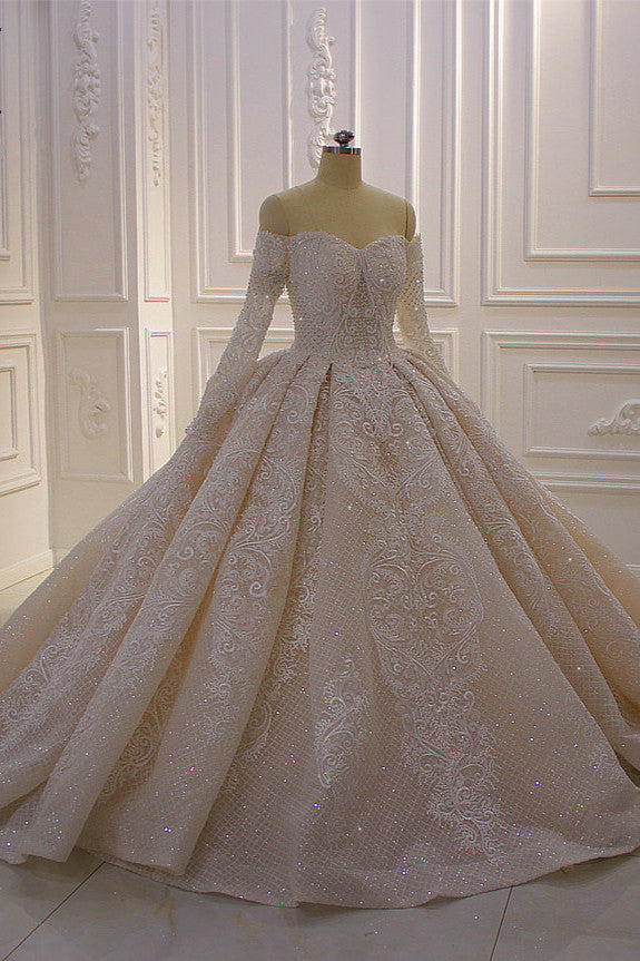 Gorgeous Off the Shoulder Long Sleeve Appliques Lace Ball Gown Wedding Dress