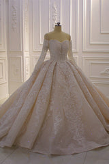 Gorgeous Off the Shoulder Long Sleeve Appliques Lace Ball Gown Wedding Dress