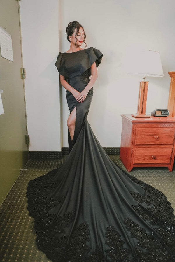 Black Long Mermaid Satin Front Slit Backless Wedding Dresses with Short Sleeves