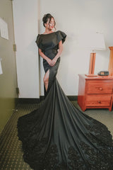 Black Long Mermaid Satin Front Slit Backless Wedding Dresses with Short Sleeves