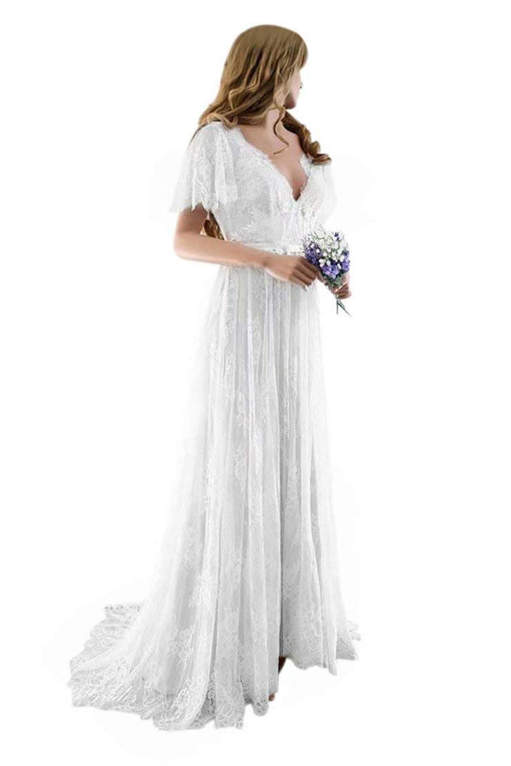 Gorgeous Long A-line V-Neck Cap Sleeves Lace Wedding Dresses