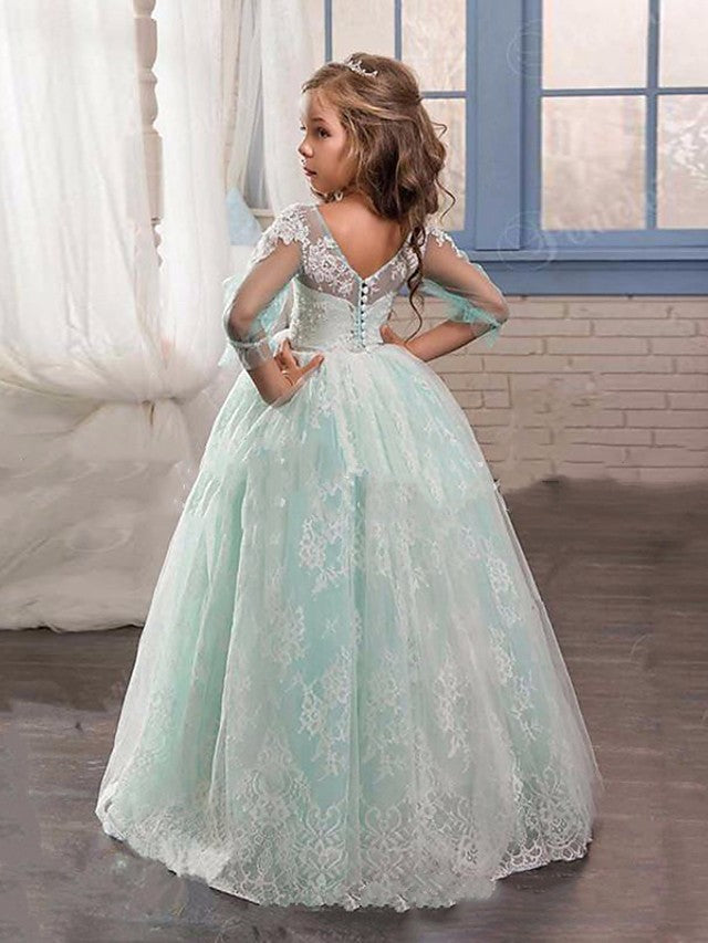 Long A-line Tulle Lace Flower Girl Dresses with Sleeves
