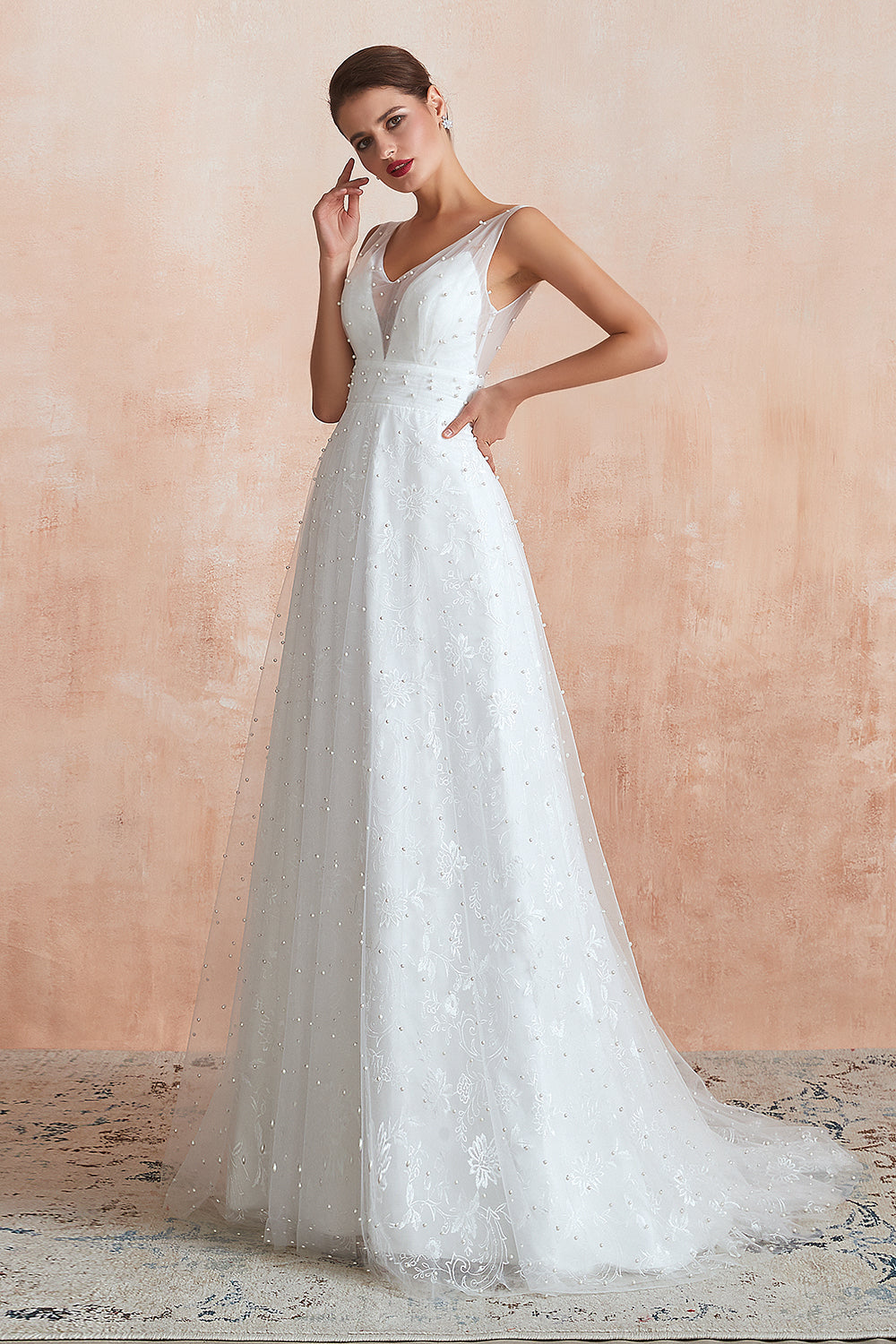 Elegant Long V-neck Tulle A-line White Wedding Dress