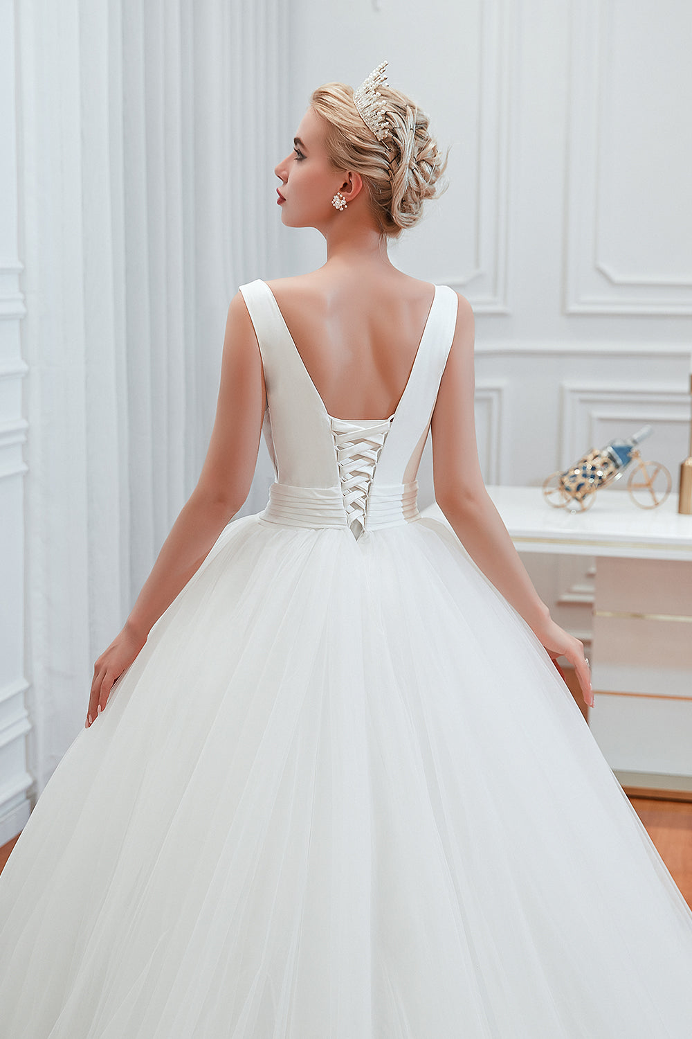 Long A-Line Tulle Wide Straps Deep V-neck Floor Length Wedding Dress