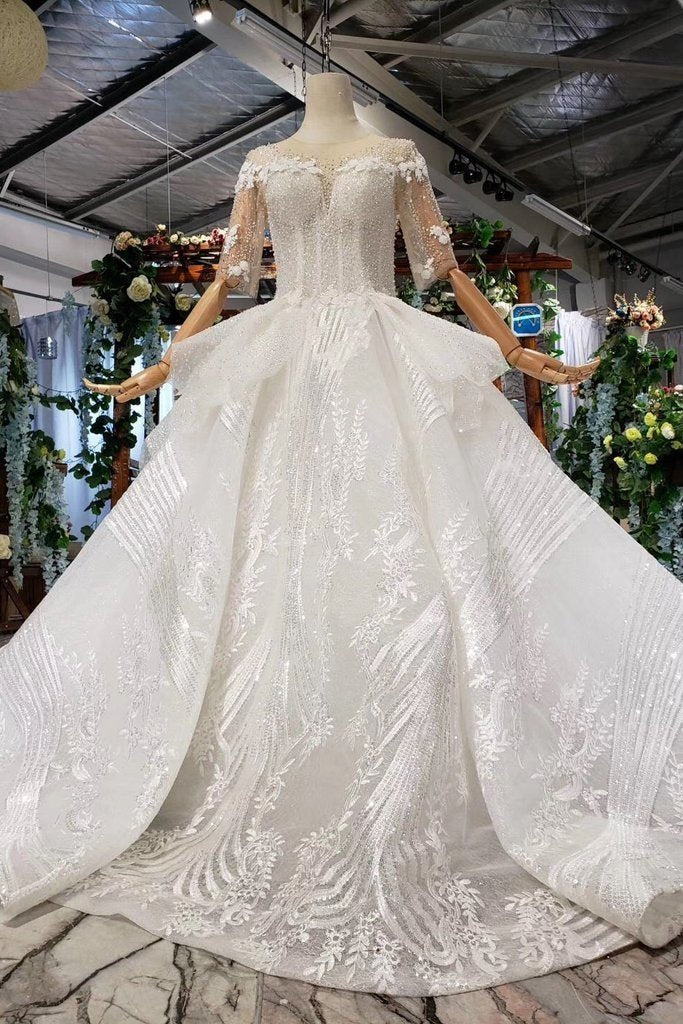 Ball Gown Half Sleeves Lace with Sequins Long Wedding Dress