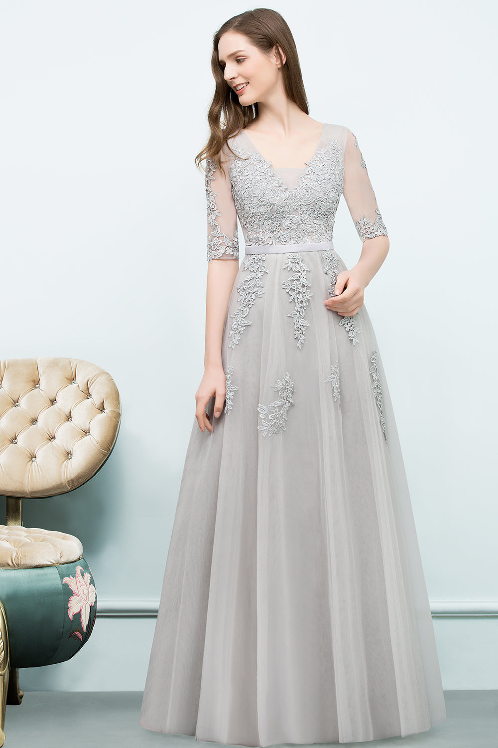 Long V-neck Tulle Lace A-line Evening Dress with Sleeves