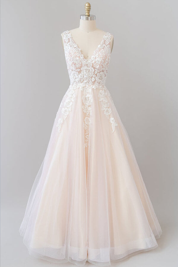 Long A-line V-neck Appliques Lace Tulle Floor length Wedding Dress