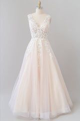 Long A-line V-neck Appliques Lace Tulle Floor length Wedding Dress