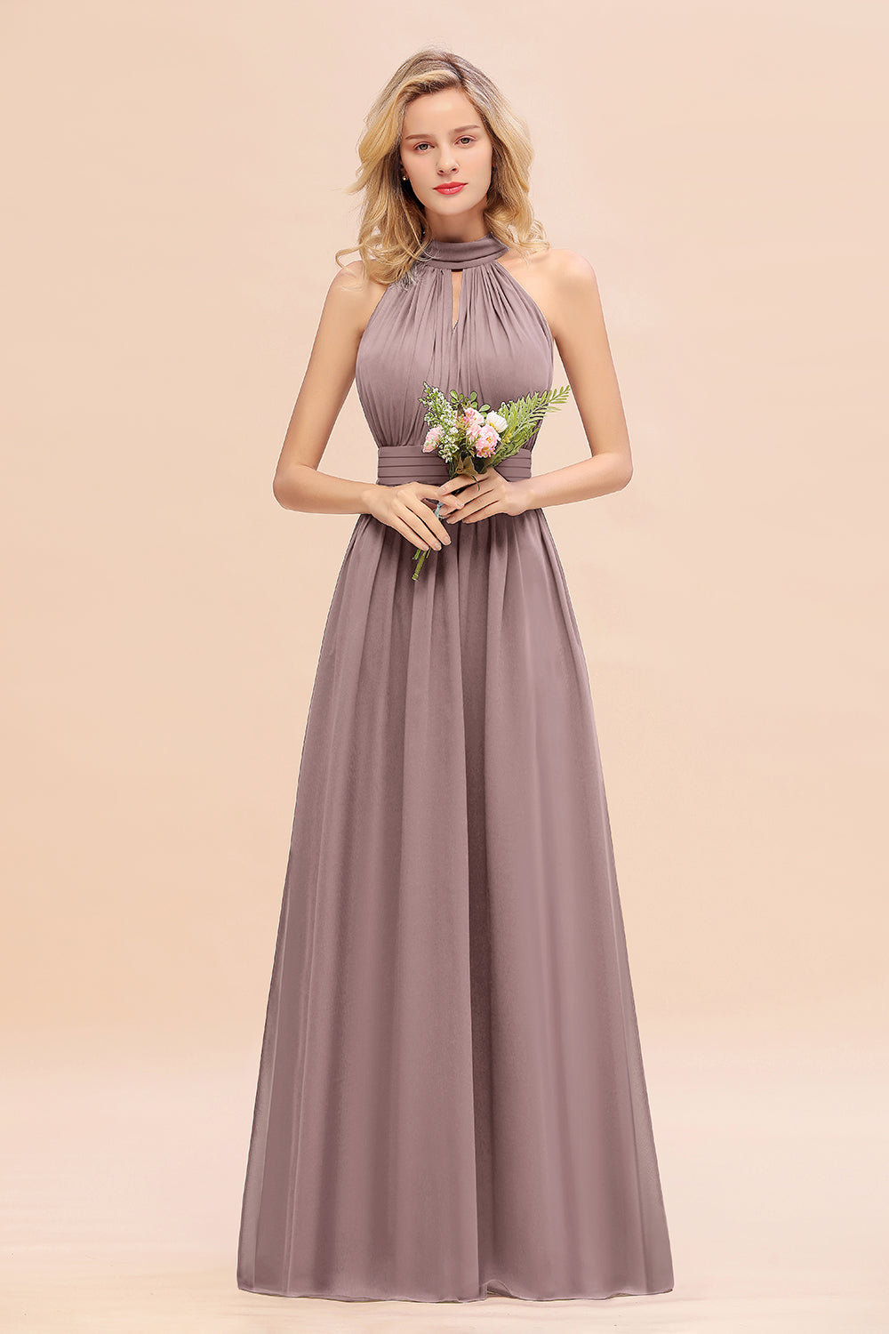 Dusty Sage Long High Neck Chiffon Bridesmaid Dresses with Ruffle