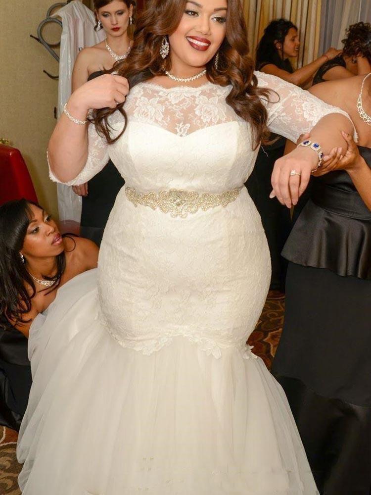Plus Size Long Lace Half Sleeves Mermaid Wedding Dresses