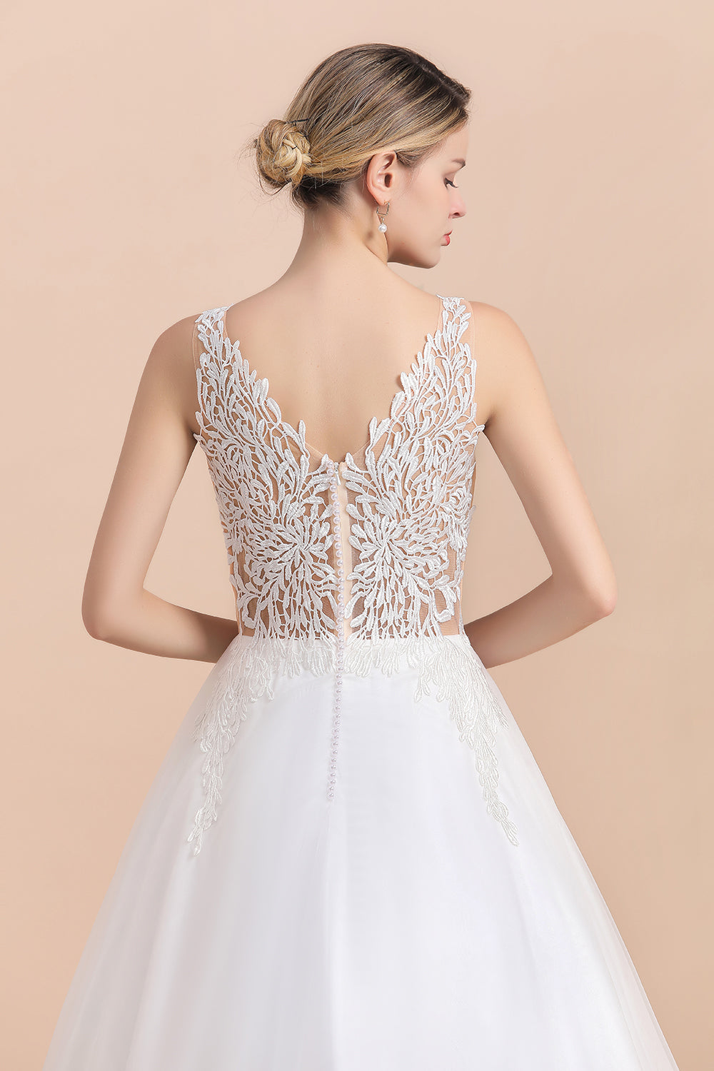 Long A-line Straps Tulle Appliques V-Neck Lace Boho Wedding Dress