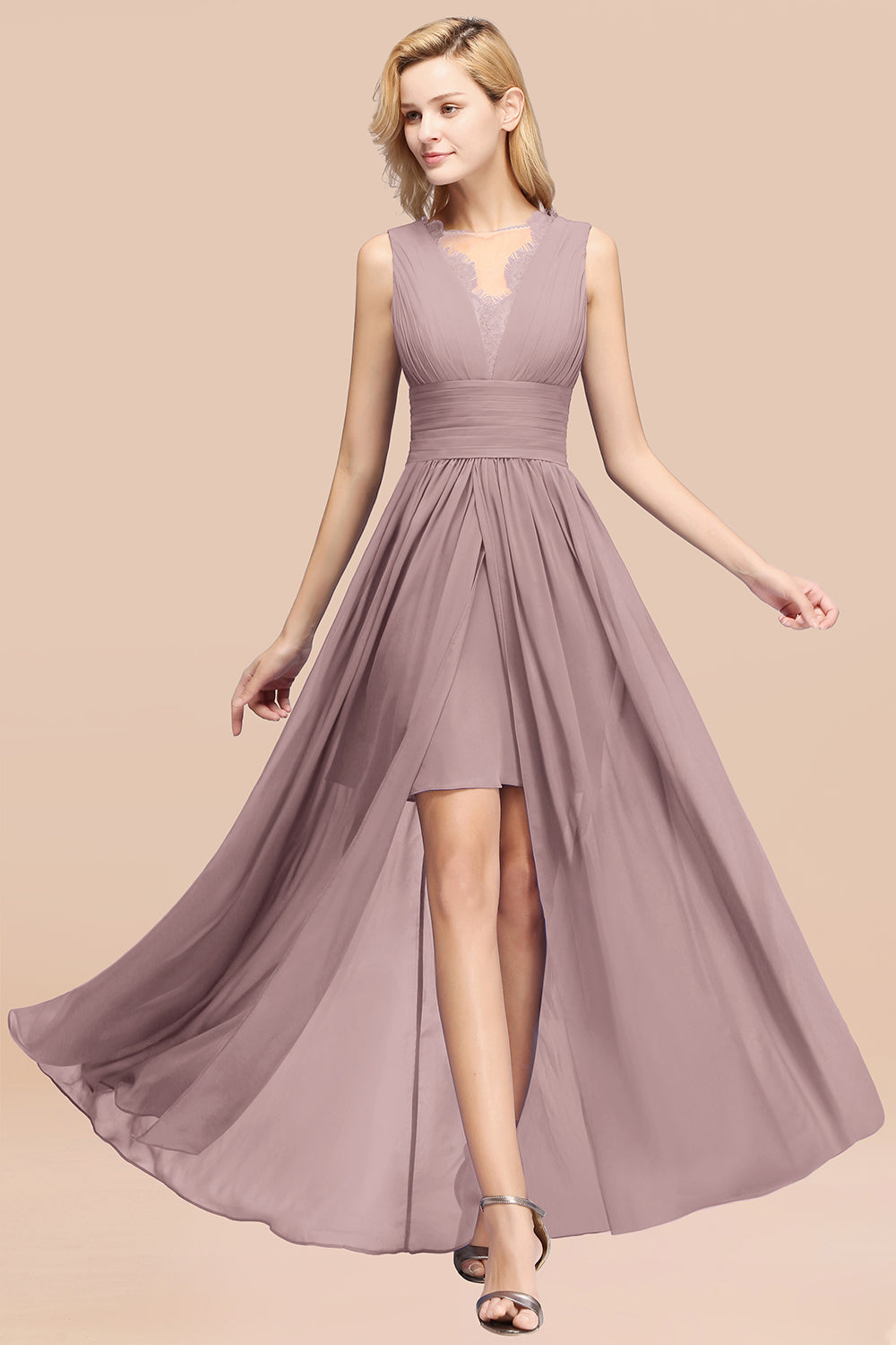 Lace Chiffon Jewel Sleeveless Ruffles Short Bridesmaid Dress