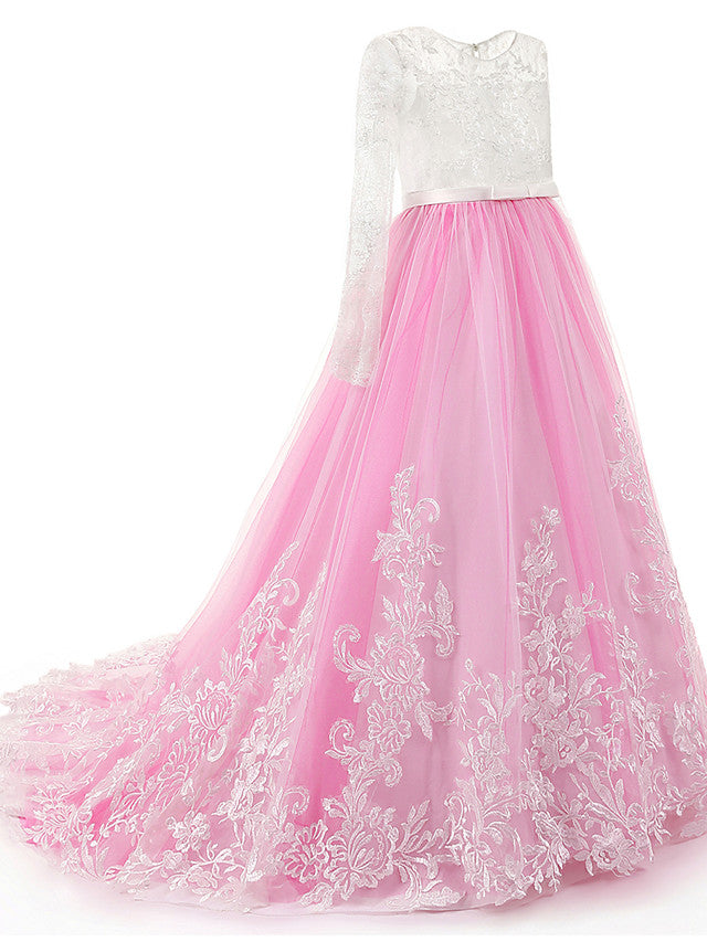 Long Ball Gown Boho Tulle Lace Flower Girl Dresses with Sleeves