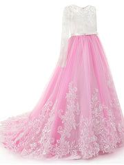 Long Ball Gown Boho Tulle Lace Flower Girl Dresses with Sleeves