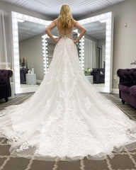 Elegant Long A-line Spaghetti Straps V-neck Appliques Lace Tulle Train Wedding Dress