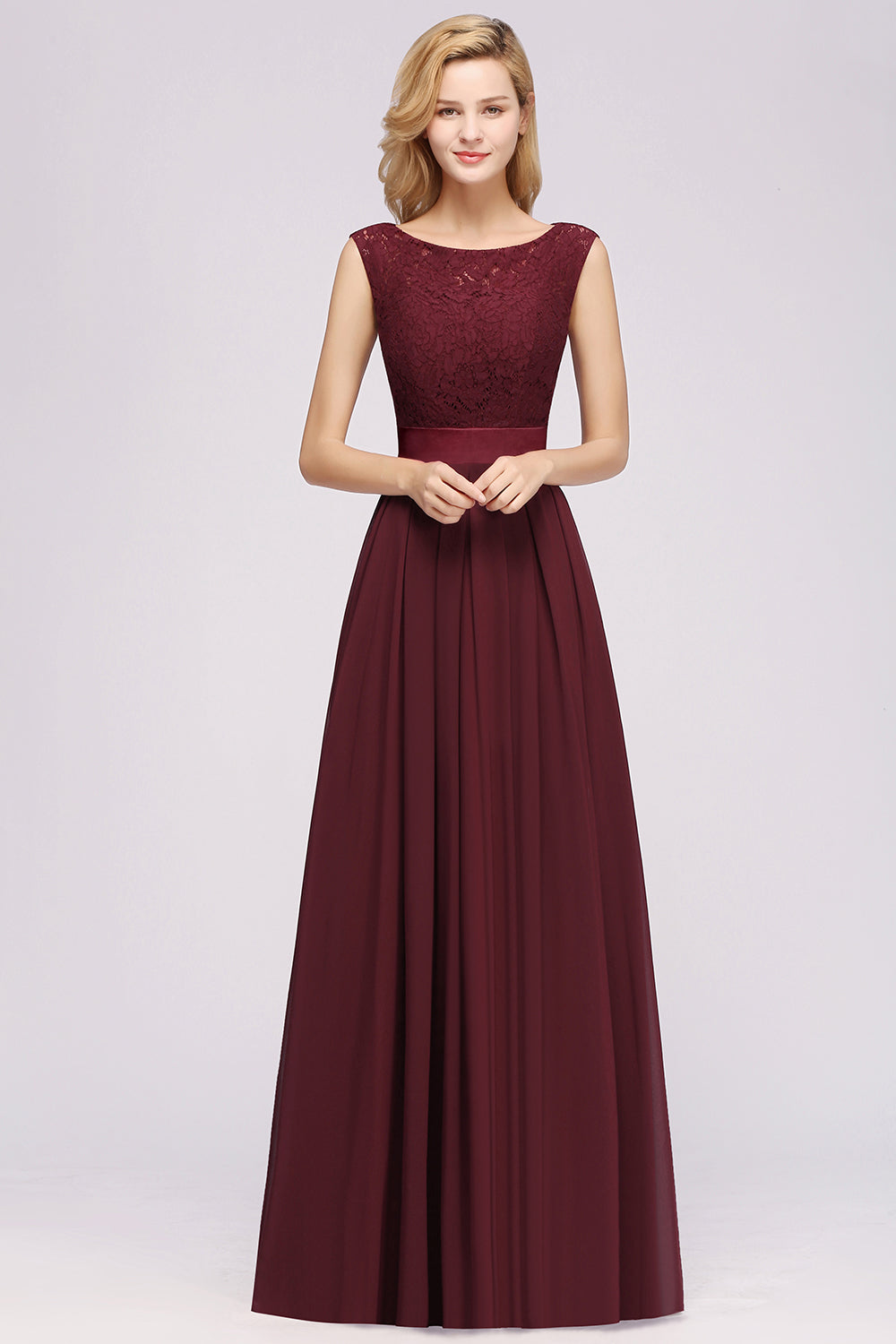 A-line Chiffon Lace Jewel Sleeveless Ruffles Floor Length Bridesmaid Dress