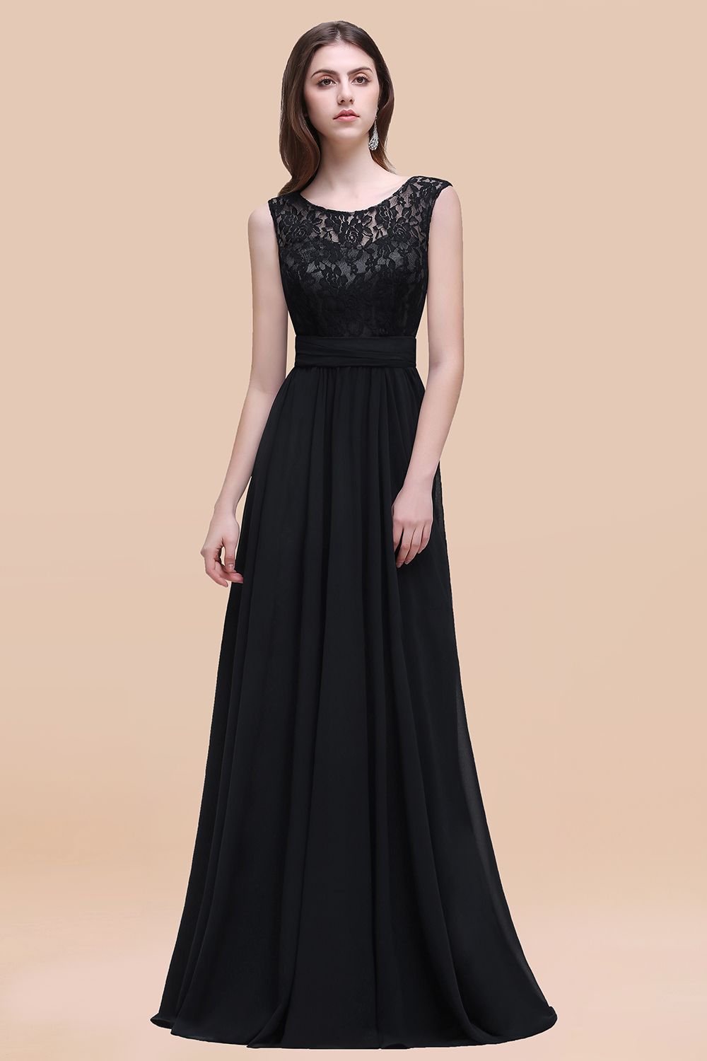 Elegant A-line Chiffon Lace Scoop Sleeveless Floor Length Bridesmaid Dress