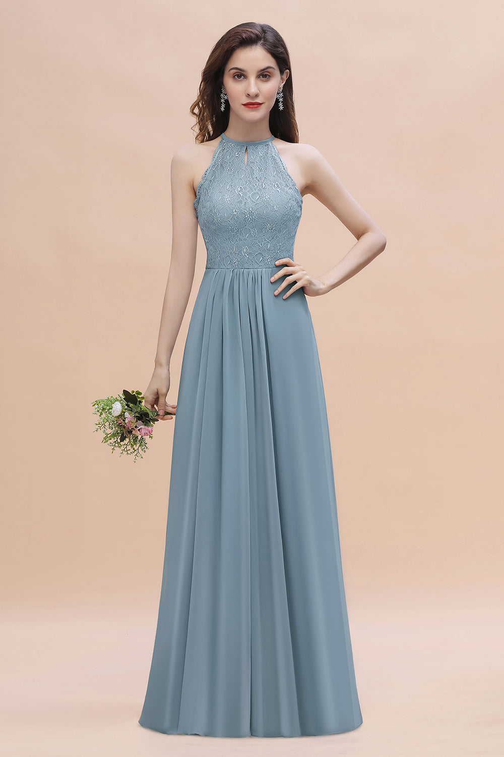Halter Appliques Lace A-Line Chiffon Floor Length Bridesmaid Dress With Pockets