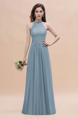 Halter Appliques Lace A-Line Chiffon Floor Length Bridesmaid Dress With Pockets