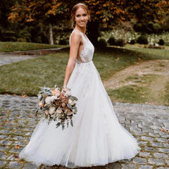 Stunning Long V-neck A-Line Open Back Tulle Floor Length Floral Wedding Dress