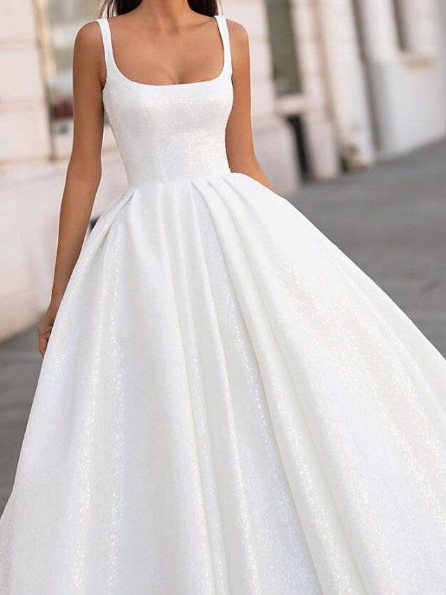 Long Ball Gown Spaghetti Strap Scoop Neck Court Train Sleeveless Wedding Dresses