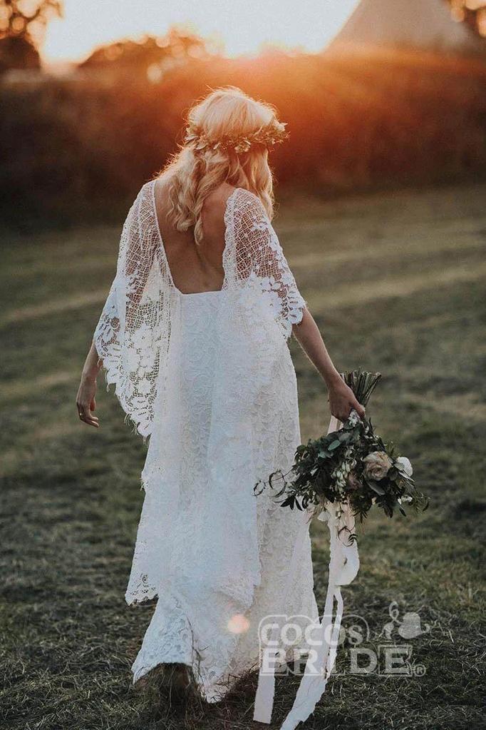 Ivory Boho Long Mermaid Lace Backless Wedding Dress with Batwing Sleeve