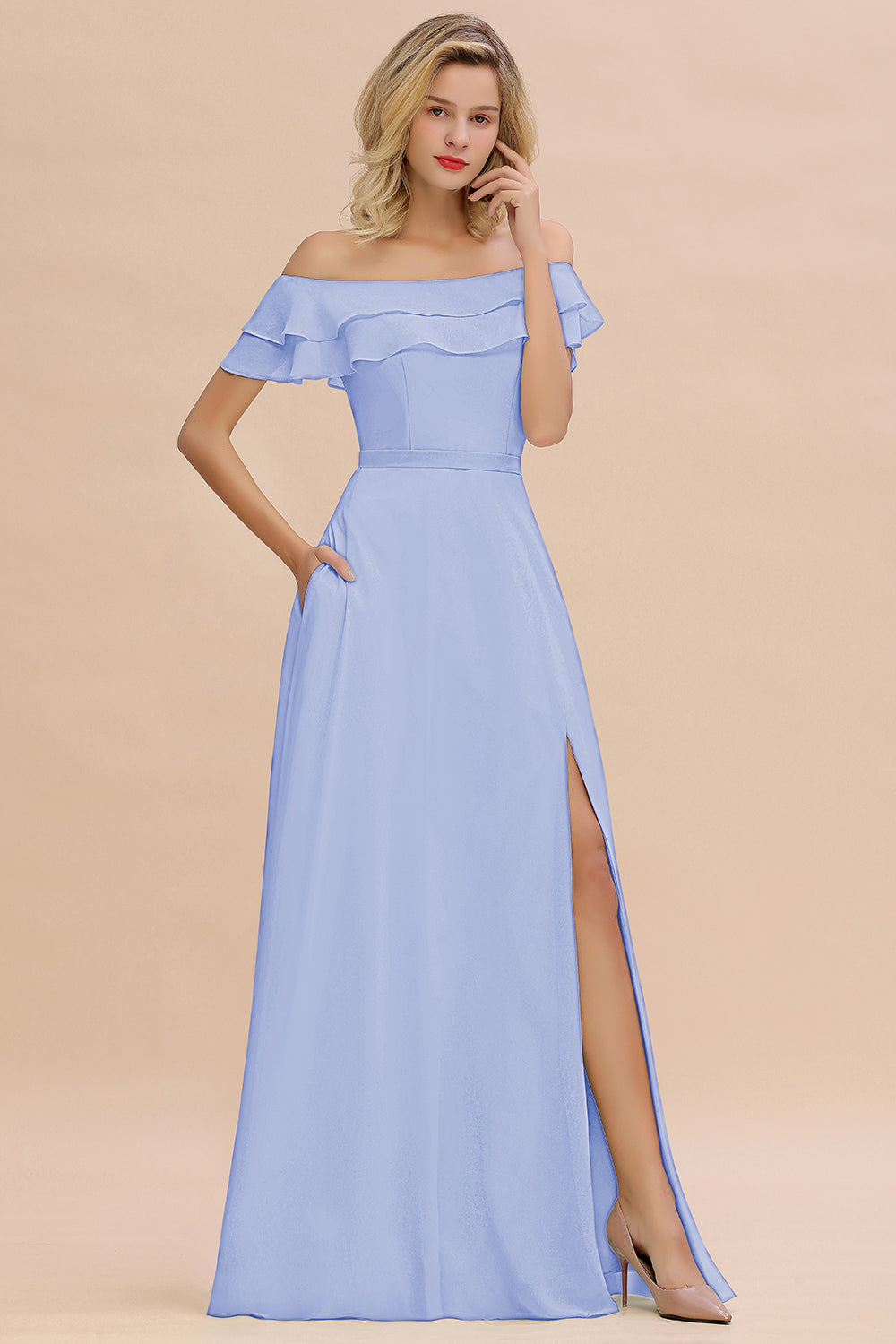 Off the Shoulder Front Slit Mint Green Long Bridesmaid Dress