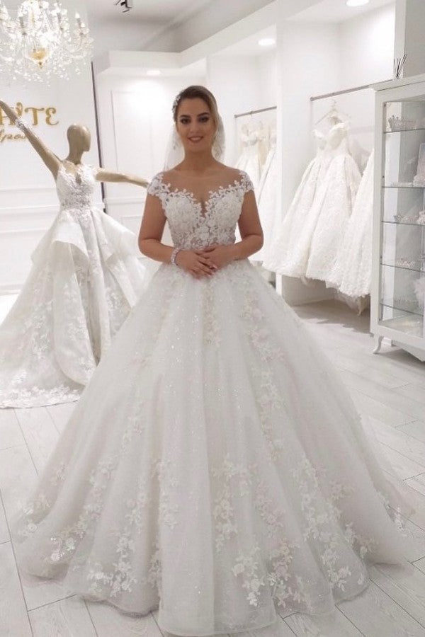 Elegant Long A-Line Crew Appliques Lace Ruffles Tulle Floor Length Wedding Dress
