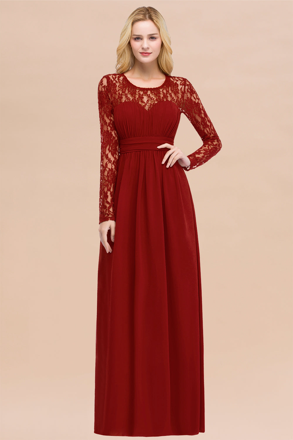Elegant A-Line Chiffon Jewel Long Sleeves Ruffles Floor Length Bridesmaid Dresses