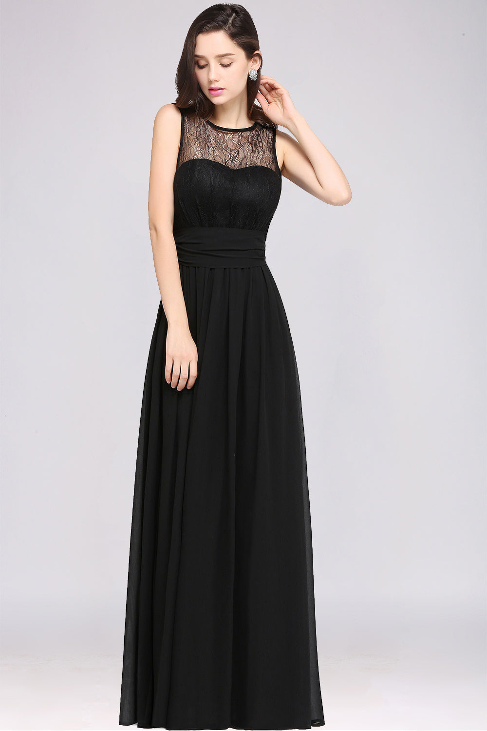 A-Line Chiffon Lace Jewel Sleeveless Keyhole Floor Length Bridesmaid Dresses