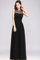 A-Line Chiffon Lace Jewel Sleeveless Keyhole Floor Length Bridesmaid Dresses