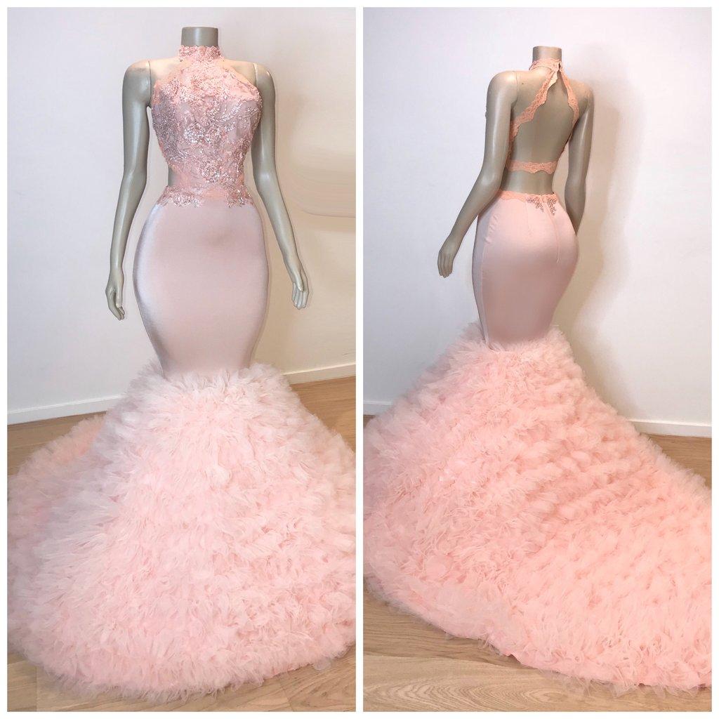 Long Halter Sleeveless Open Back Lace Tulle Mermaid Prom Dress
