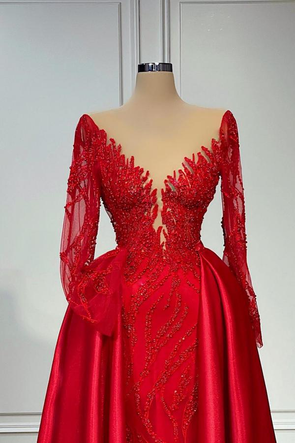 Gorgeous Red Long Sleeves A-Line Floor Length Satin Prom Dress with Ruffles
