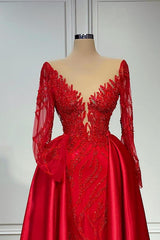Gorgeous Red Long Sleeves A-Line Floor Length Satin Prom Dress with Ruffles