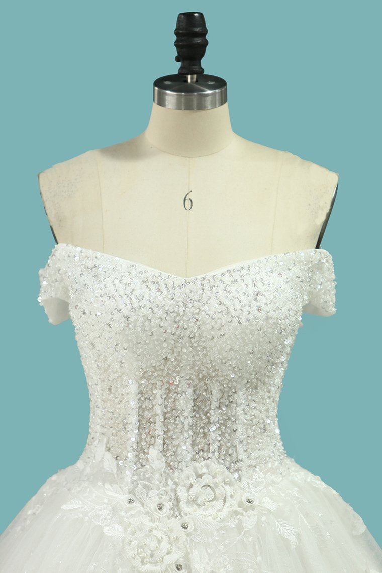 Beautiful Long Off the Shoulder Tulle Sequin Ball Gown Appliques Lace Wedding Dress