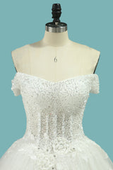 Beautiful Long Off the Shoulder Tulle Sequin Ball Gown Appliques Lace Wedding Dress