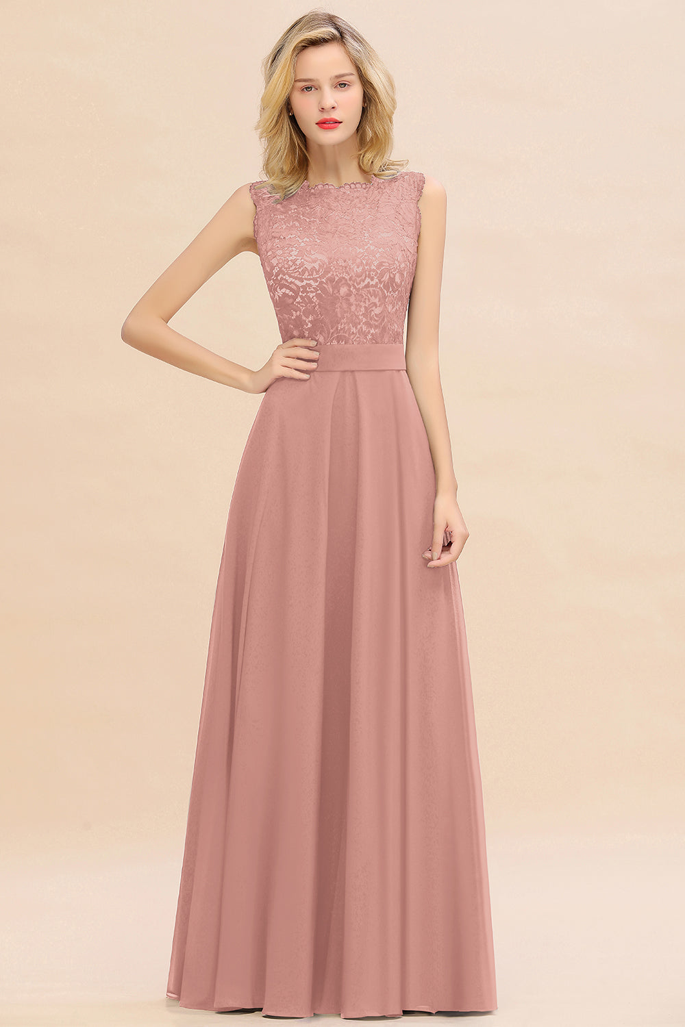 Long A-line Chiffon Lace Sleeveless Bridesmaid Dresses