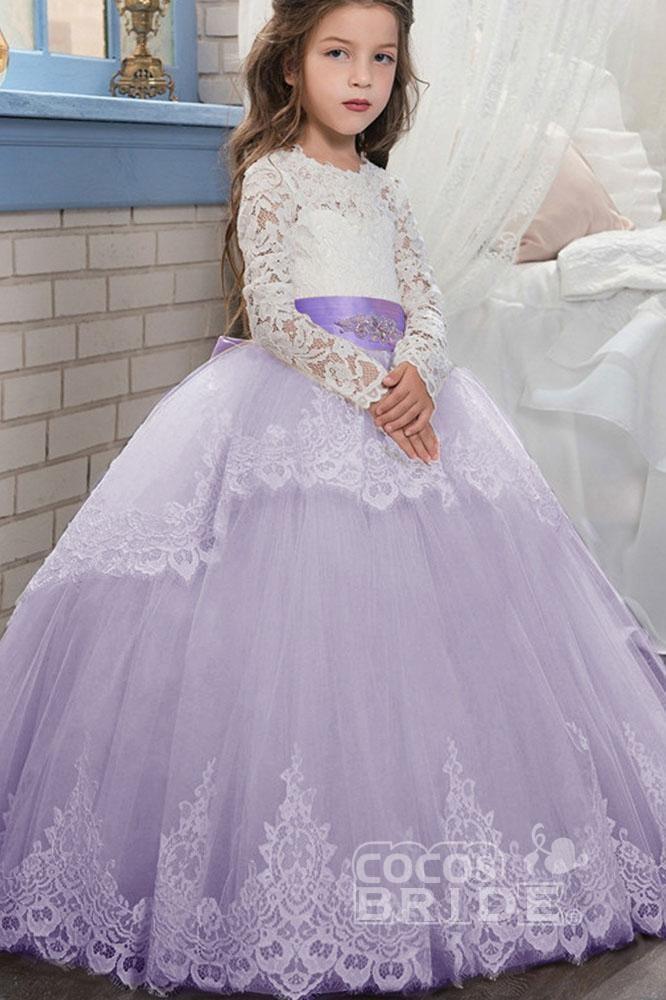 Long Scoop Neck Ball Gown Flower Girl Dress with Long Sleeves