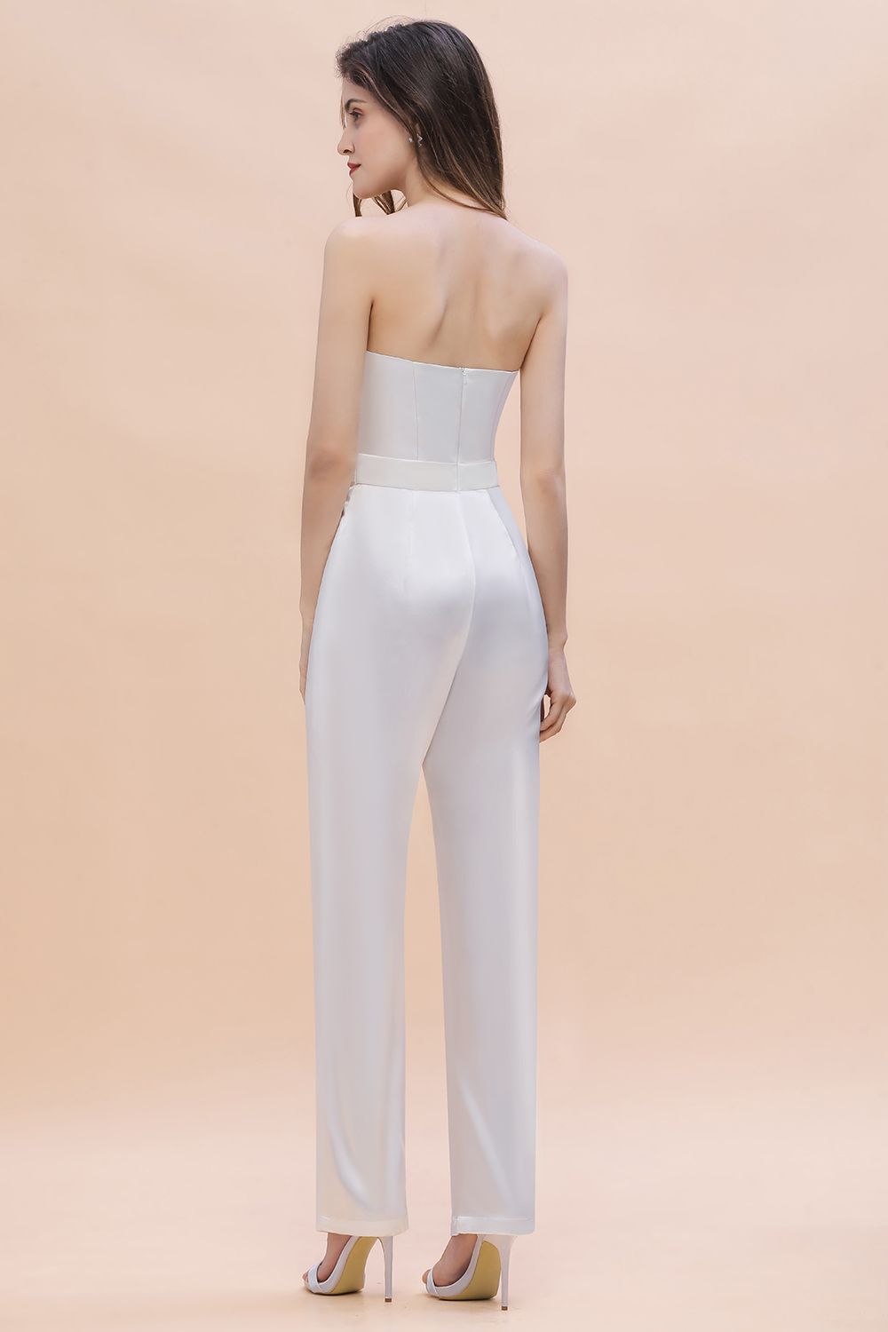 Classy Strapless Floor Length Bridesmaid Dress Backless Jumpsuit With Flower Embellishment