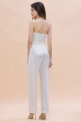 Classy Strapless Floor Length Bridesmaid Dress Backless Jumpsuit With Flower Embellishment