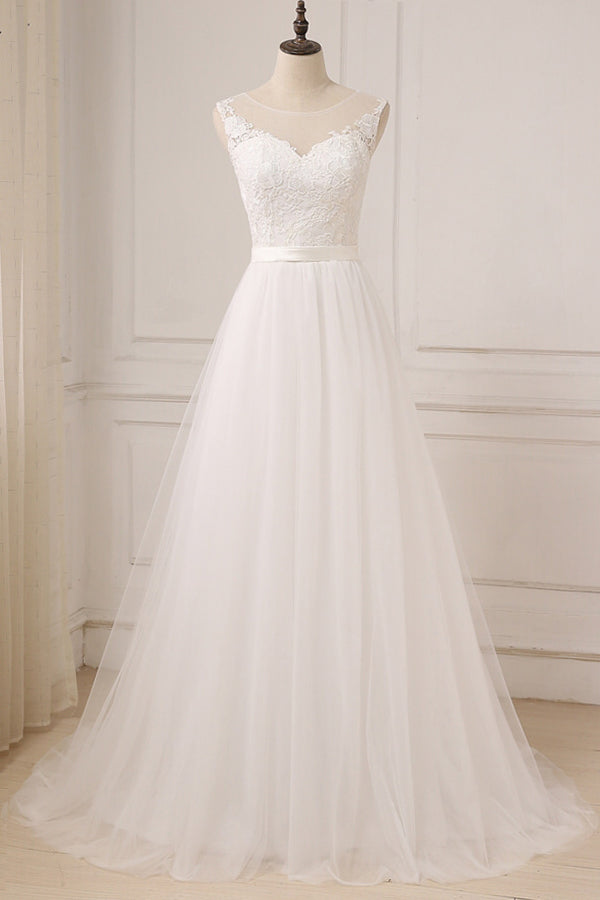 Elegant Long Lace Tulle A-line Backless Wedding Dress