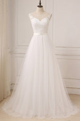Elegant Long Lace Tulle A-line Backless Wedding Dress