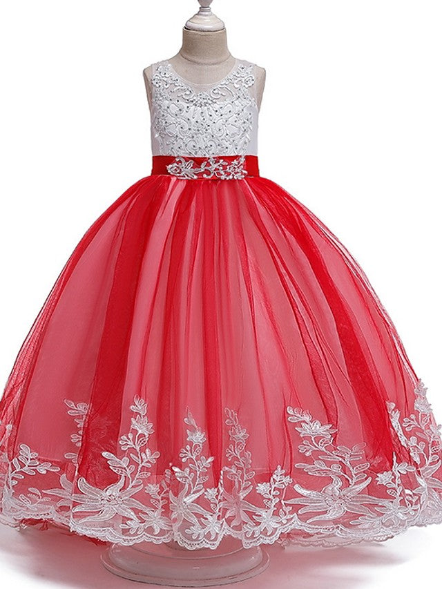 Long Ball Gown Tulle Sleeveless Jewel Neck Wedding Party Flower Girl Dresses With Bow