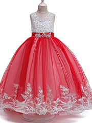 Long Ball Gown Tulle Sleeveless Jewel Neck Wedding Party Flower Girl Dresses With Bow
