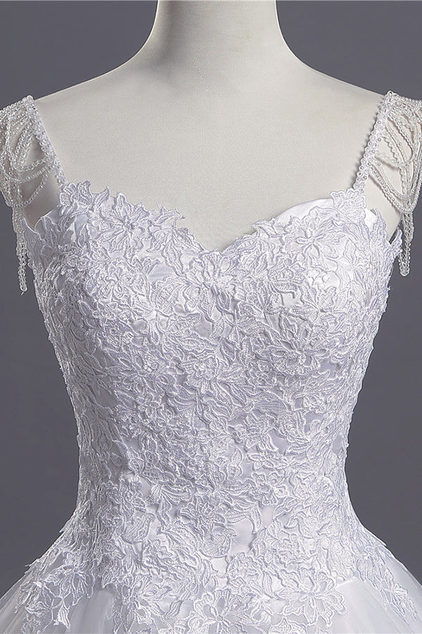 Long Sweetheart Beading Appliques Lace A-line Tulle Wedding Dress